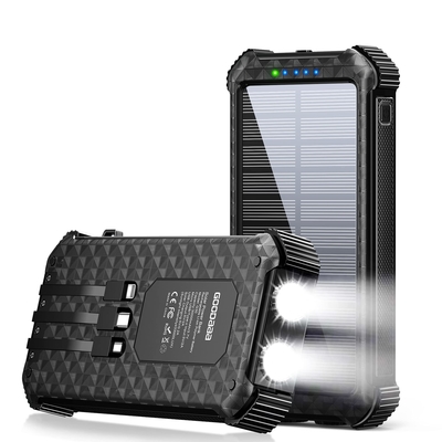 IPX5 Waterproof Portable Solar Powered Power Bank Charger 26800mAh With 3 Built-In Cables