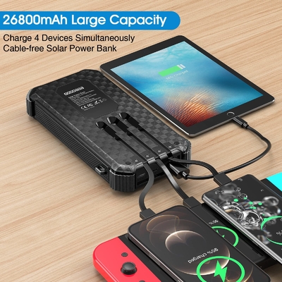 IPX5 Waterproof Portable Solar Powered Power Bank Charger 26800mAh With 3 Built-In Cables