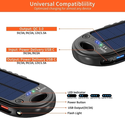 18W 10000mAh Solar Powered Power Bank USB C Charger OEM