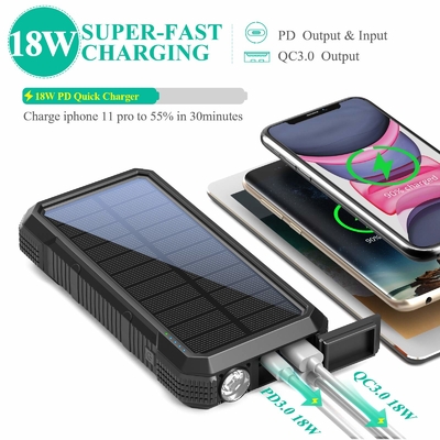 Portable Wireless Solar Powered Power Bank Charger 18W QC3.0 With 4 Outputs