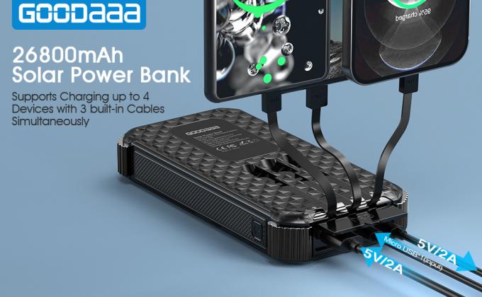 IPX5 Waterproof Portable Solar Powered Power Bank Charger 26800mAh With 3 Built-In Cables 0