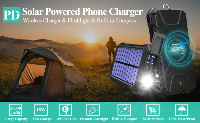 Portable Wireless Solar Powered Power Bank Charger 18W QC3.0 With 4 Outputs 0